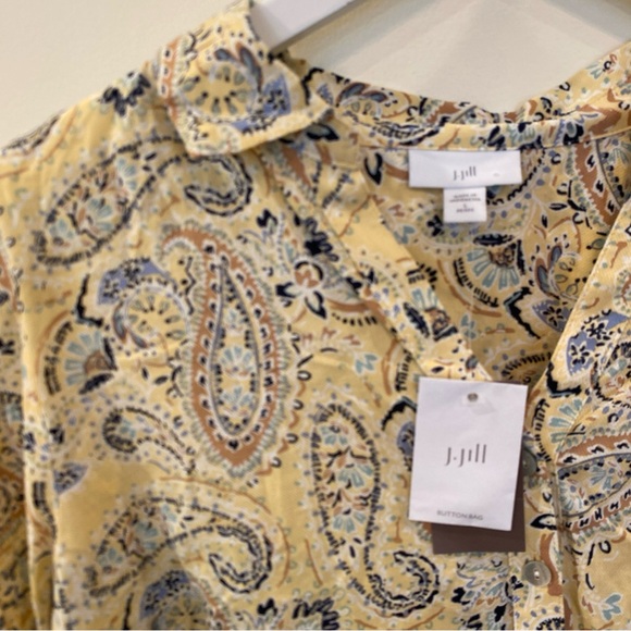 J Jill Boho Paisley Popover Top Butter Yellow Collared Mature Large Petite NWT - Picture 2 of 5